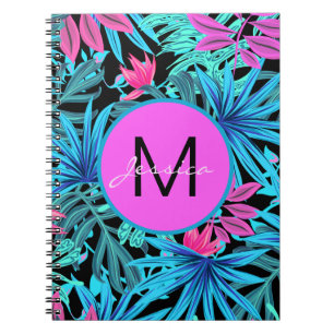 Neon Roze Blauwe Tropische Plantpatroon Gepersonal Notitieboek