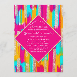 Neon Roze Blauwgroen Gouden Glitter Paint Quinceañ Kaart