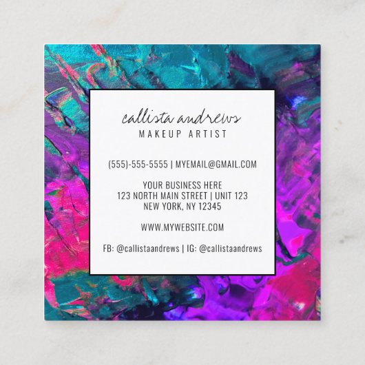 Neon Roze Blauwgroen Paarse Metallic Paint Make-up Vierkante Visitekaartje (Achterkant)