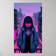 Neon Roze Cyberpunk Meisje Stad Portret