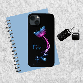 Neon roze en blauwe vlinder iPhone 13 hoesje