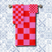 Neon Roze en Rood Geruite Checkerboard  Bad Handdoek