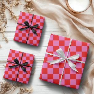 Neon Roze en Rood Geruite Checkerboard Inpakpapier Vel