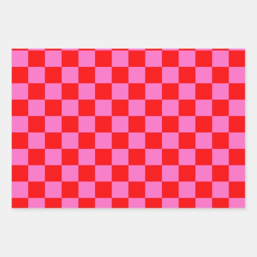 Neon Roze en Rood Geruite Checkerboard  Inpakpapier Vel (Voorkant 3)