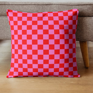 Neon Roze en Rood Geruite Checkerboard Kussen