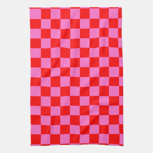 Neon Roze en Rood Geruite Checkerboard  Theedoek (Verticaal)