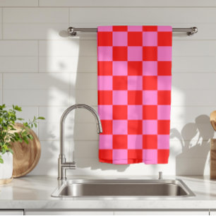Neon Roze en Rood Geruite Checkerboard  Theedoek
