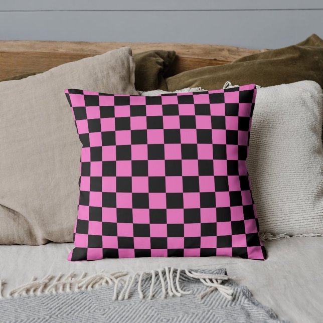 Neon Roze en Zwart Geruite Checkerboard  Kussen (Creator heeft geüpload)