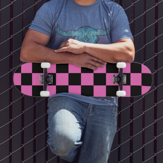 Neon Roze en Zwart Geruite Checkerboard  Skateboard (Buiten 3)