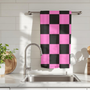 Neon Roze en Zwart Geruite Checkerboard  Theedoek