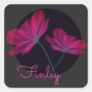 Neon roze en zwarte bloemen met naam Bloem Vierkante Sticker