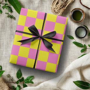 Neon Roze Geel Geruit Dambord Vintage Cadeaupapier