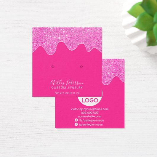 Neon roze glitter druppelt stuks oorscherm vierkante visitekaartjes (Bureau)