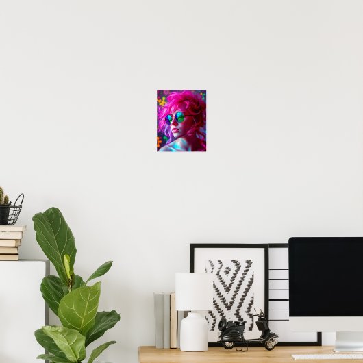 Neon Roze-Haired Vrouw Met Reflecterende Bril - M Poster (Thuiskantoor)