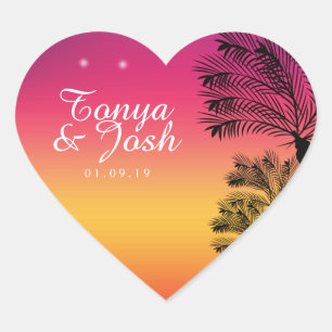 Neon Roze Ombre Tropische Boom Zonsondergang Stran Hart Sticker