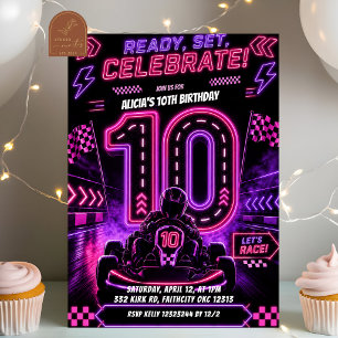 Neon Roze Paars Meisje Racen 10e Verjaardagsfeestj Kaart