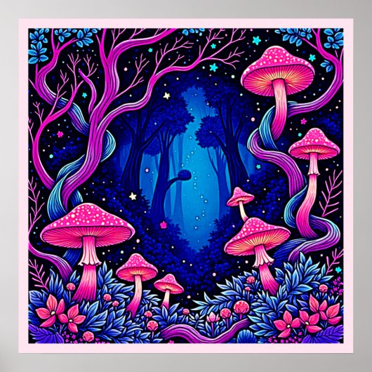 Neon Roze Paddenstoelen Bos Kunst Poster (Voorkant)