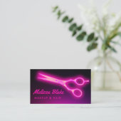 Neon roze schaar visitekaartje (Staand voorkant)
