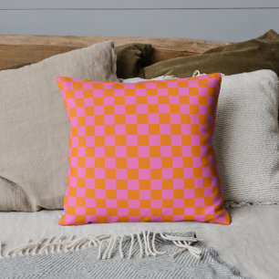 Neon Roze Sinaasappel Geruite Checkerboard Kussen