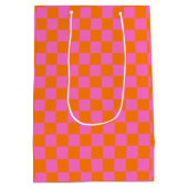 Neon Roze Sinaasappel Geruite Checkerboard  Medium Cadeauzakje (Achterkant)