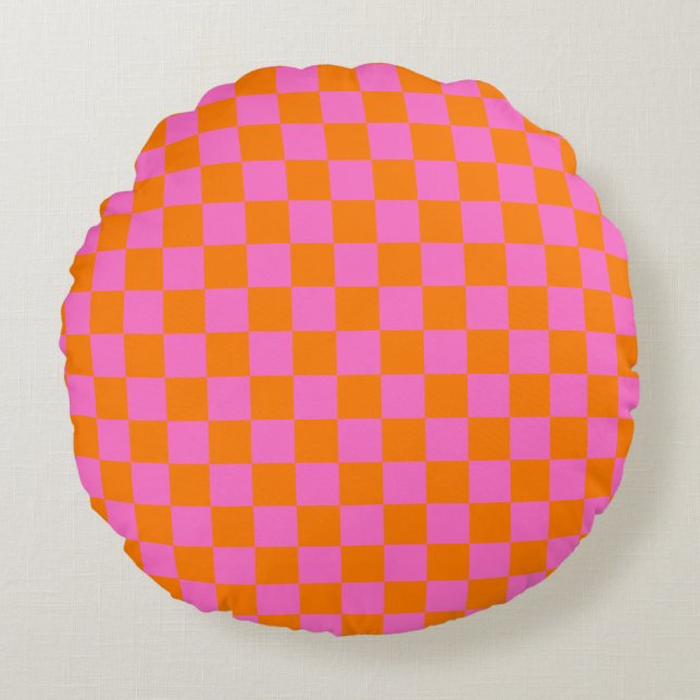 Neon Roze Sinaasappel Geruite Checkerboard  Rond Kussen (Voorkant)