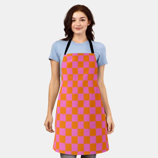 Neon Roze Sinaasappel Geruite Checkerboard  Schort (Gedragen)
