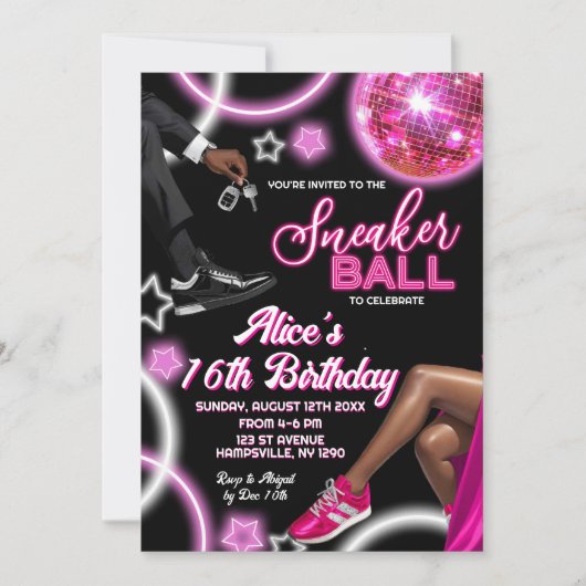 Neon Roze Sneaker Ball en Disco Ball Verjaardag Kaart (Voorkant)
