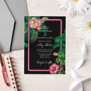 Neon Roze Tropische Retro Botanische Bruiloft Vellum Uitnodigingen