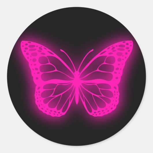 Neon roze vlinder classic ronde sticker (Voorkant)