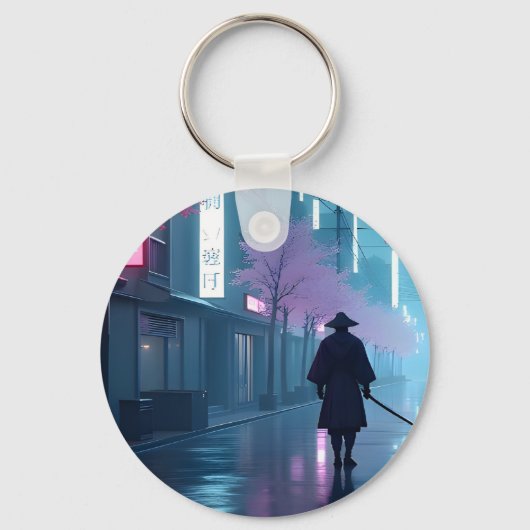 Neon Samurai Keychain – Retro Anime Tokyo Design (Voorkant)