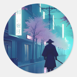Neon Samurai Sticker – Retro Anime Cyberpunk Tokio