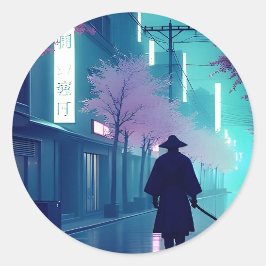 Neon Samurai Sticker – Retro Anime Cyberpunk Tokyo (Voorkant)
