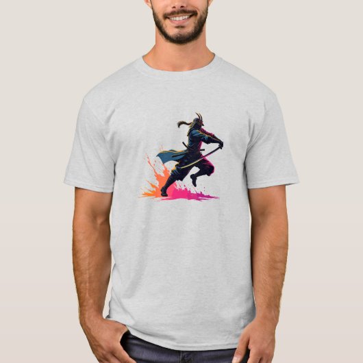Neon Samurai Warrior in actie Retro Art T-shirt (Voorkant)