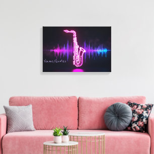Neon Saxofoon Gloed – Futuristische Muziekmuurkuns Canvas Afdruk