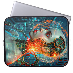 Neon Sci-Fi Cyborg Vrouwelijke Cyberpunk Tech Laptop Sleeve