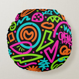 Neon Scribble Splash Sierkussen – Retro Pop Colo Rond Kussen