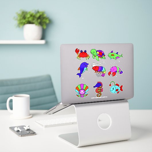 Neon Sea Creatures Sticker Pack – 9 Vibrant Underw (Ordinateur portable sur le bureau)