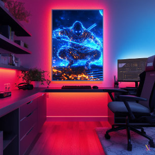 Neon Shadow Assassin – Cyberpunk Ninja in Blauwe F Poster