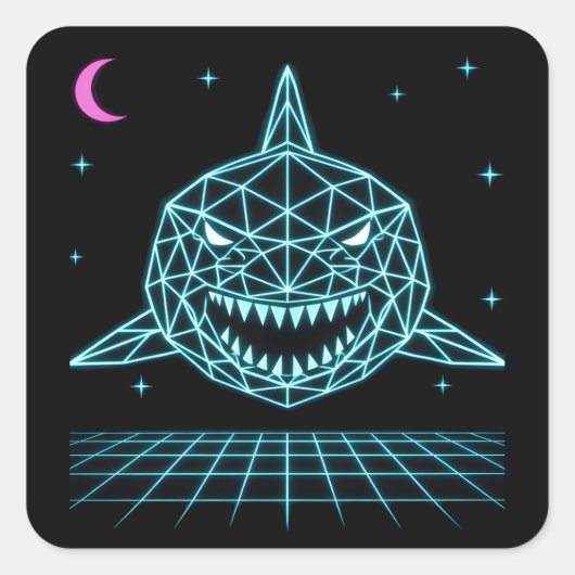 Neon Shark Synthwave - Retro Ocean Predator Vierkante Sticker (Voorkant)