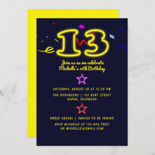 Neon Sign Dertiende Birthday Party Invitation Kaart