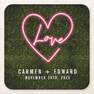 Neon Sign Love Heart Wedding Vierkante Kartonnen Onderzetter
