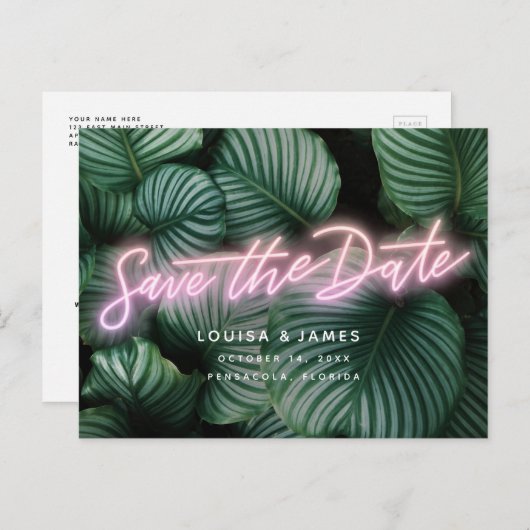 Neon Sign Modern Tropical Save the Date Briefkaart (Voorkant / Achterkant)