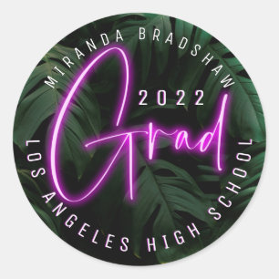 Neon Sign Roze Tropische bladeren Afstudeerder Ronde Sticker
