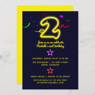 Neon Sign Second Birthday Party Invitation Kaart