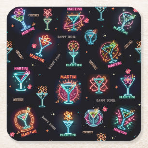 Neon Sign Space Age Atomic Martini Cocktails Print Vierkante Kartonnen Onderzetter