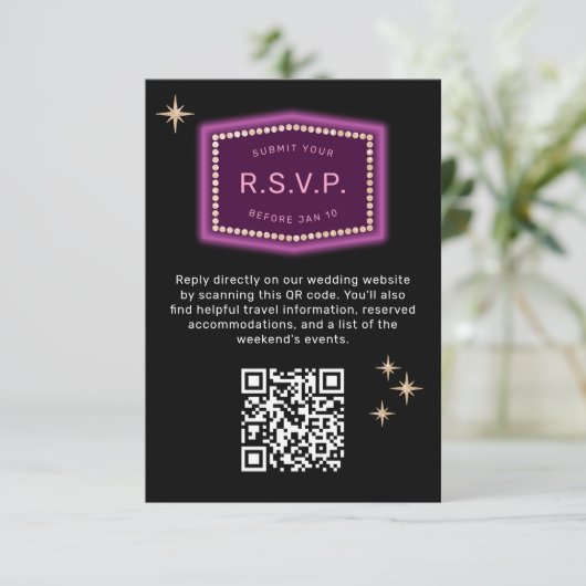 Neon Sign Vegas Weddenschap QR code Online RSVP Informatiekaartje (Staand voorkant)