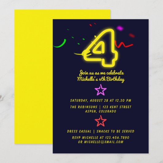 Neon Signé quatrième anniversaire fête Invitation (Devant / Derrière)