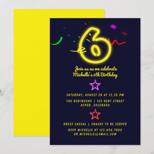 Neon signe sixième anniversaire fête Invitation (Devant / Derrière)