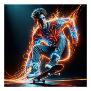 Neon Skateboarder op zwart Perfect Poster