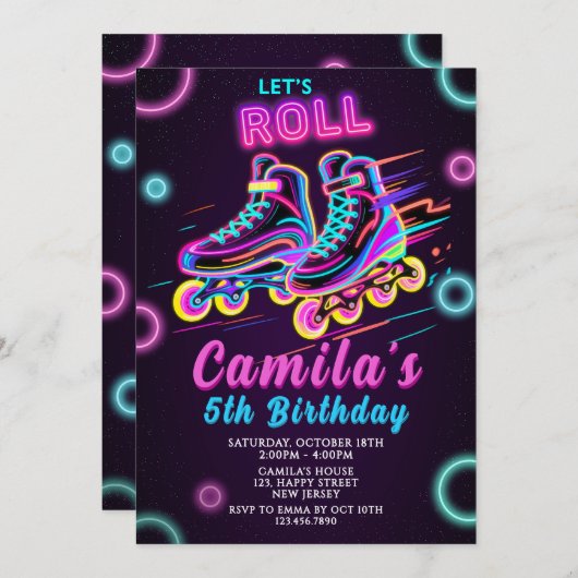 Neon Skating Verjaardag Uitnodiging Neon Uitnodige (Voorkant / Achterkant)